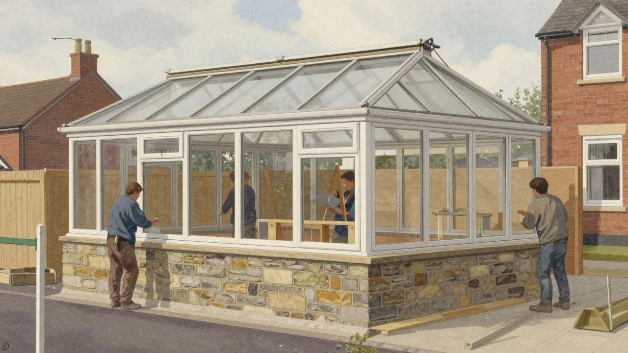 Side orangery under construction near property boundary, workers installing stone and glass panels.