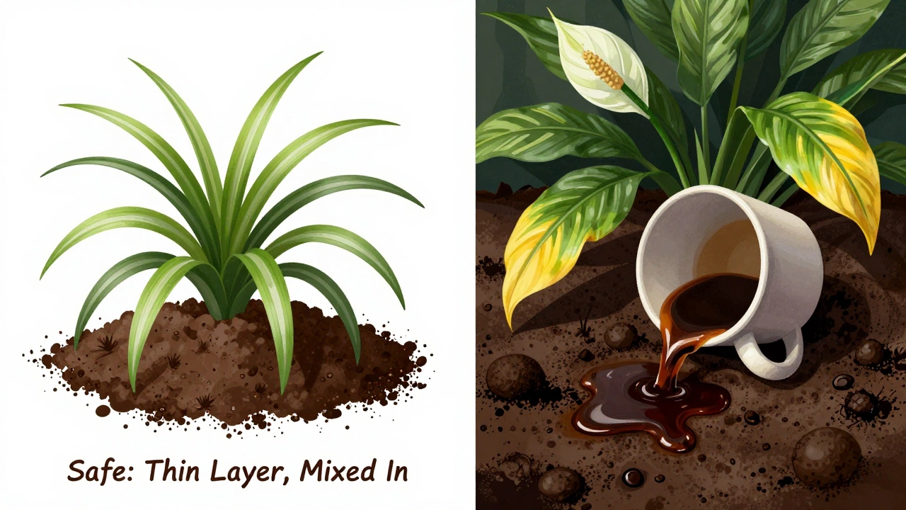 Split image: healthy spider plant with coffee grounds vs. wilting peace lily drenched in coffee, showing care vs. damage.