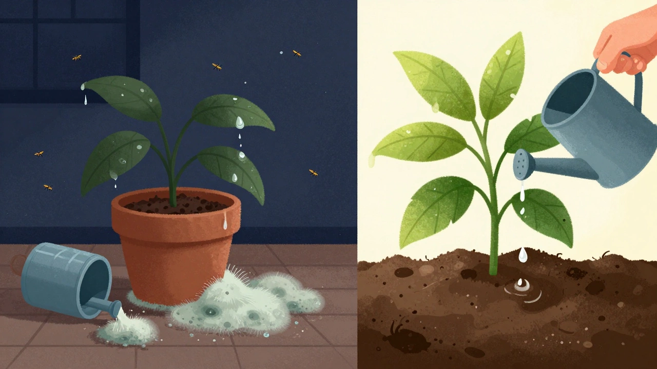 Split image showing a sickly plant with mold and gnats at night versus a thriving plant in morning light.