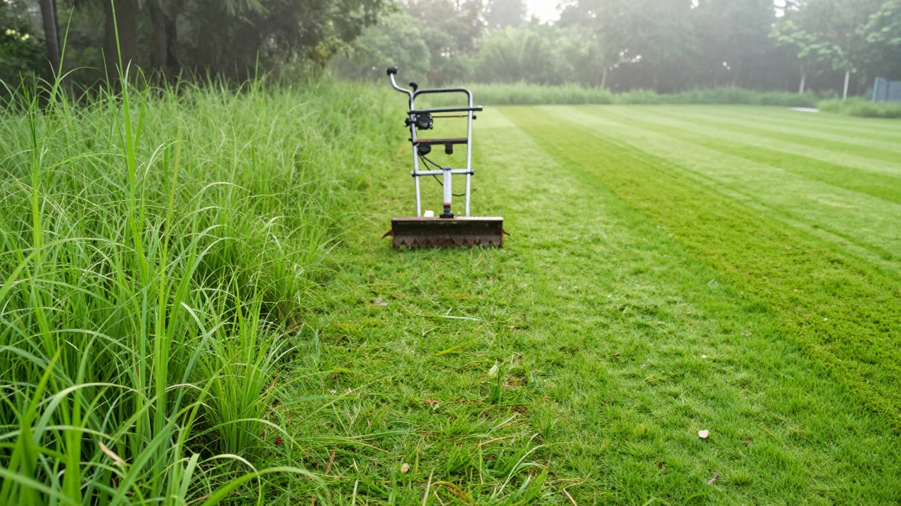 Three-stage visual of grass reduction: wild, trimmed, and manicured lawn in one seamless image.