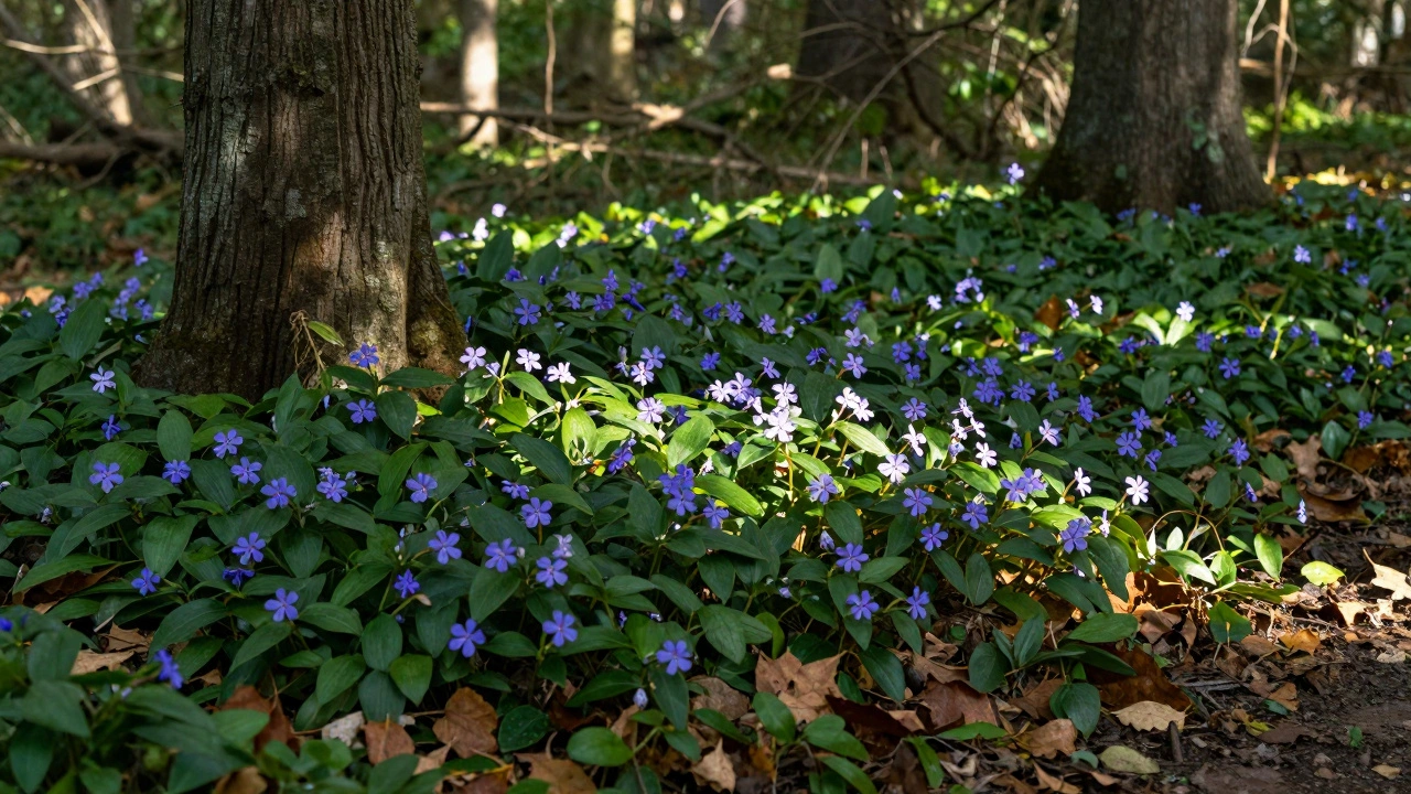 A shaded woodland floor blanketed in glossy vinca and pachysandra, with delicate flowers and fallen leaves.