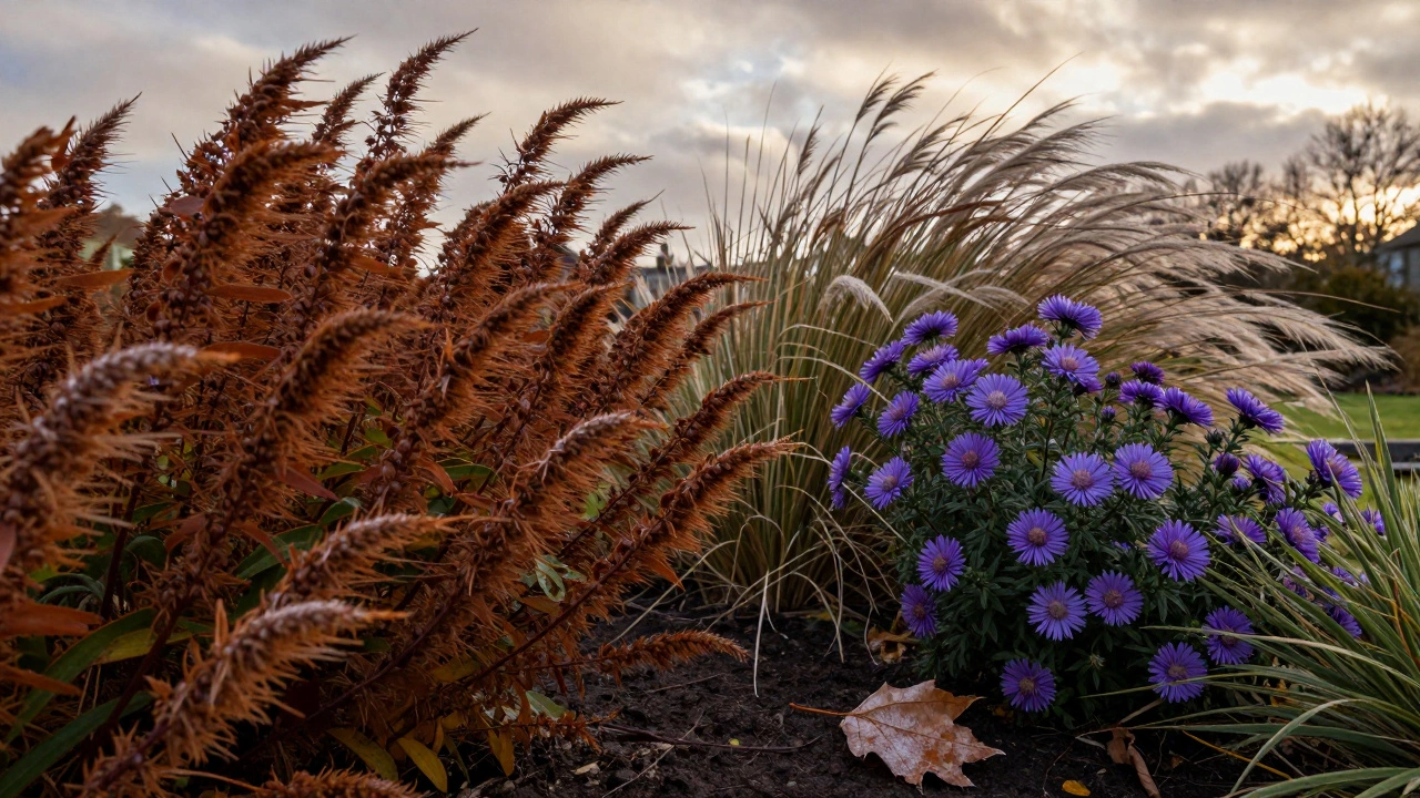 Autumn garden with rust-colored sedum and purple asters in soft light