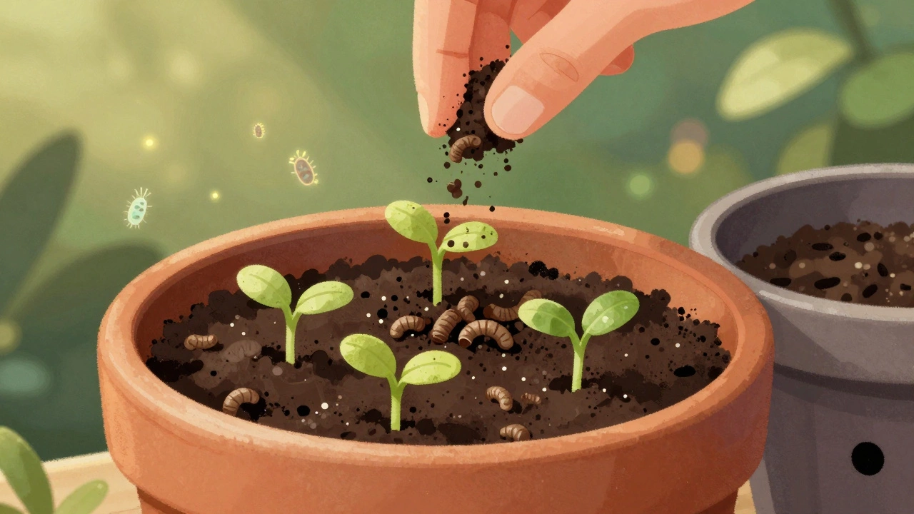 Close-up of worm castings being added to seedlings, with microbe-rich soil and a vermicomposter nearby.