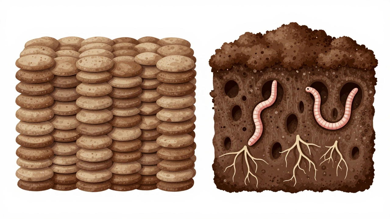 Cross-section comparing dense clay particles with healthy soil full of air pockets, roots, and earthworms.