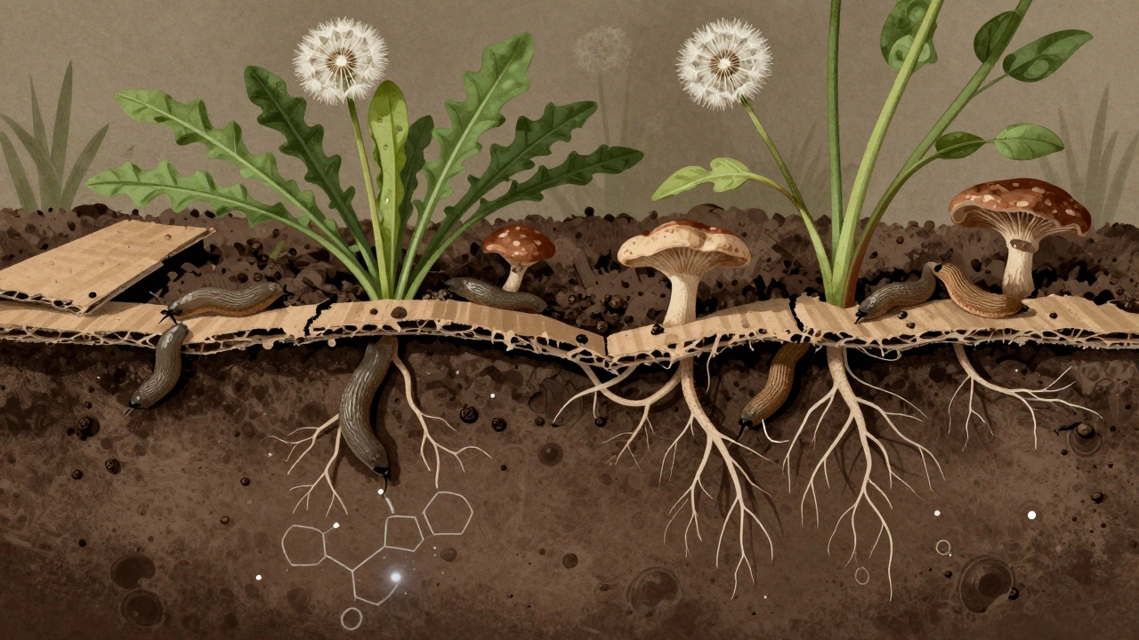 Cross-section showing slugs, fungi, and weeds pushing through decomposing cardboard in soil.