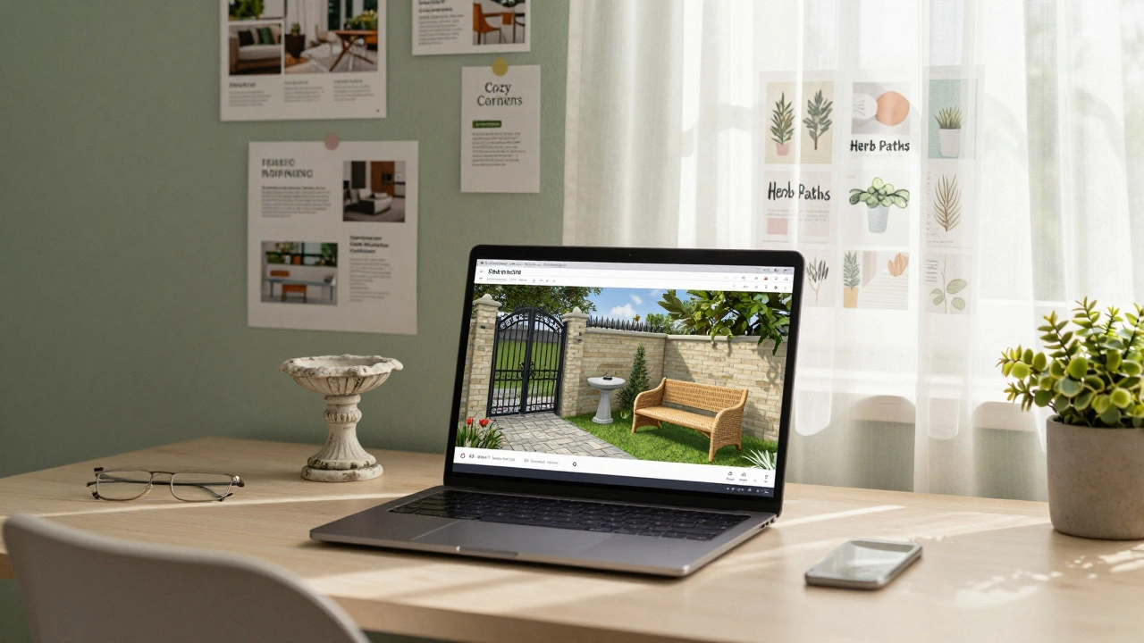 Design workspace with SketchUp Free open, showing custom garden elements like a wrought iron gate and birdbath, surrounded by printed Pinterest mood boards.