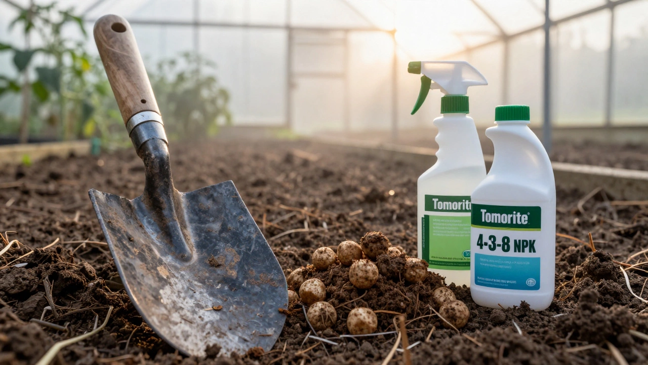 Garden tools and fertilizers arranged on soil beside a greenhouse, symbolizing proper tomato nutrition.