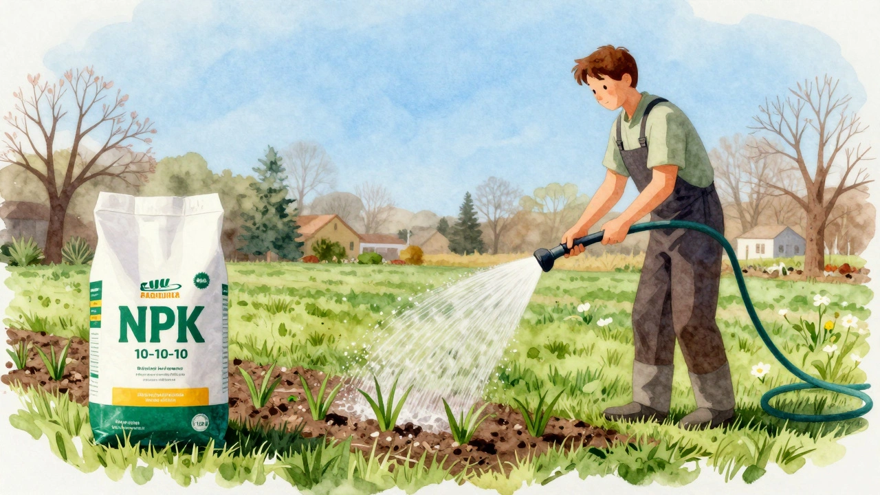Gardener applying balanced fertilizer to spring lawn