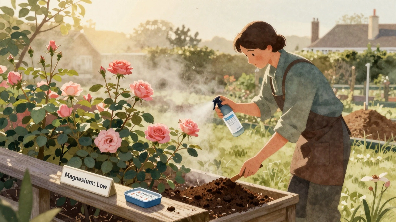 Gardener spraying Epsom salt solution on roses at dawn, with soil test kit visible nearby.