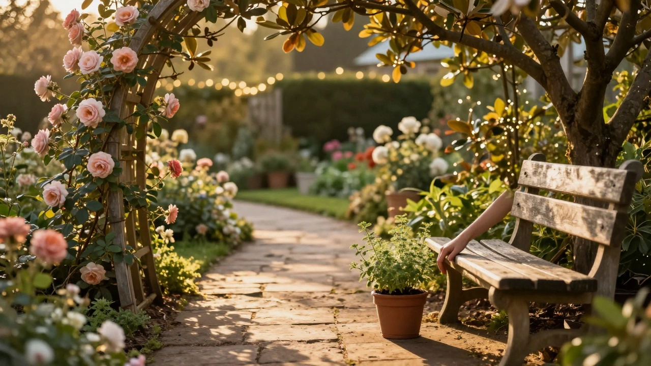 Golden-hour garden with winding path, climbing roses, and a weathered bench under a magnolia tree, radiating cozy, lived-in charm.