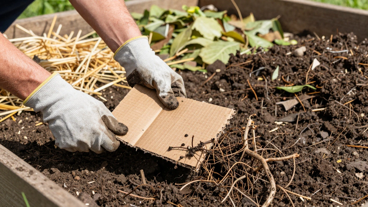 Hands pulling apart rotting cardboard from a garden bed, with compost and straw nearby.