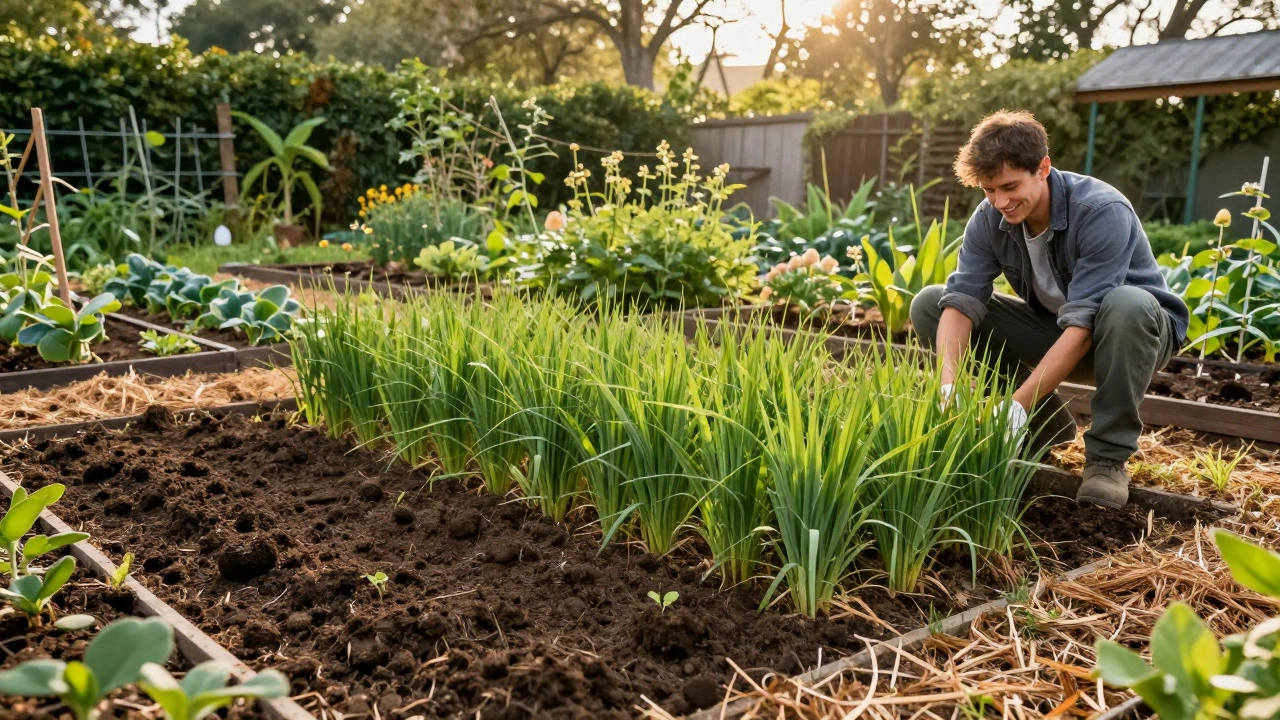 Healthy garden with compost-rich soil, cover crops, and mulch under soft morning light.