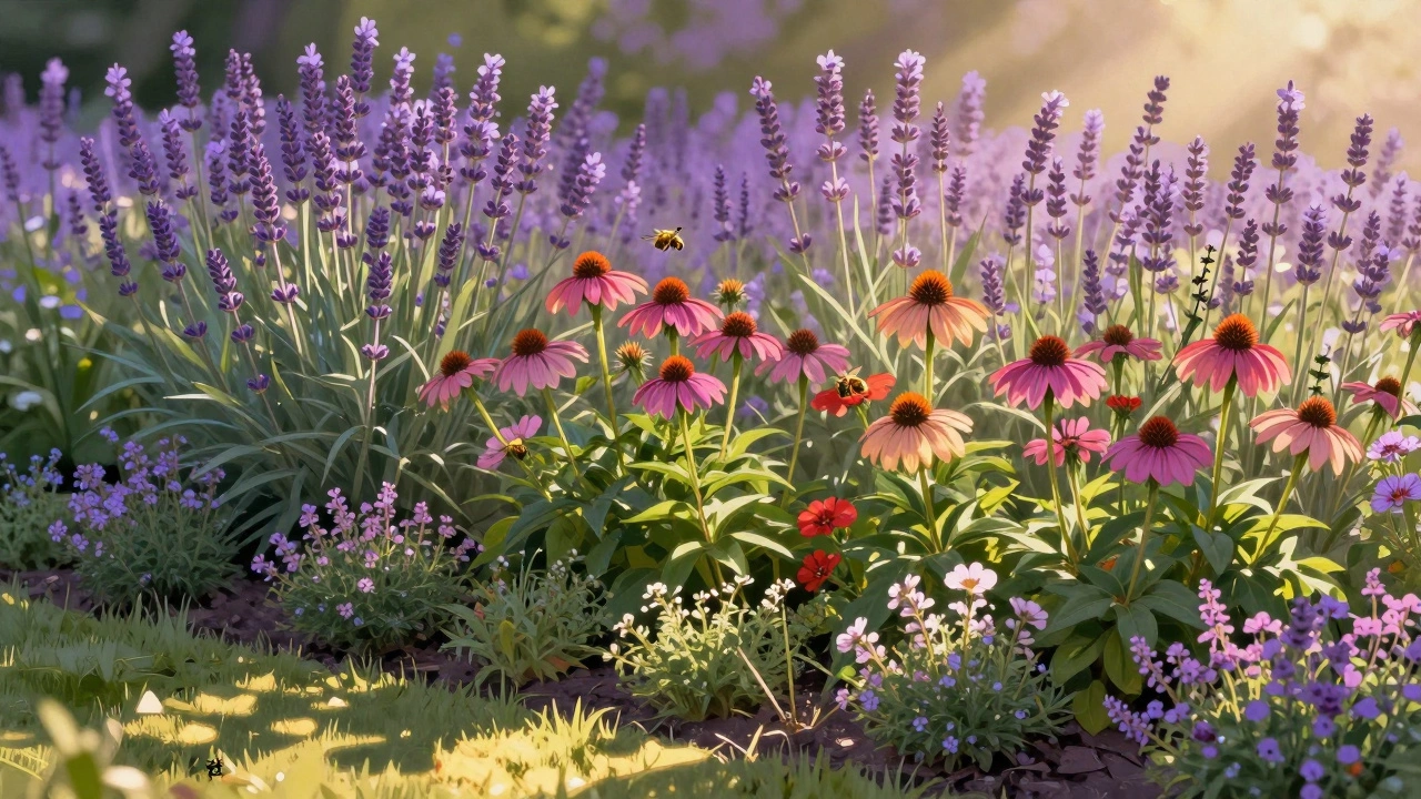 Layered summer flower bed with lavender, echinacea, and creeping thyme