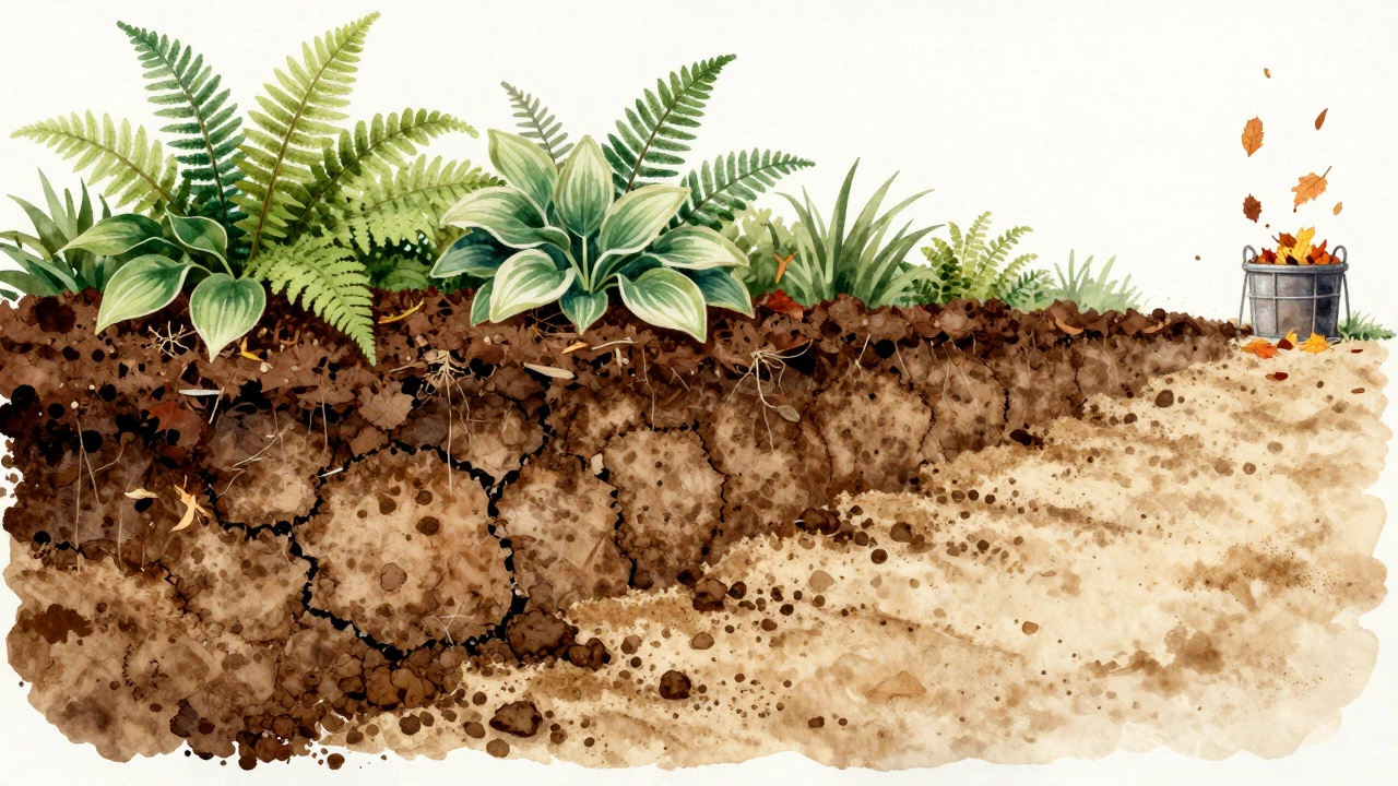 Leaf mold improving soil structure, showing clay and sand transforming into fertile loam with plants growing above.