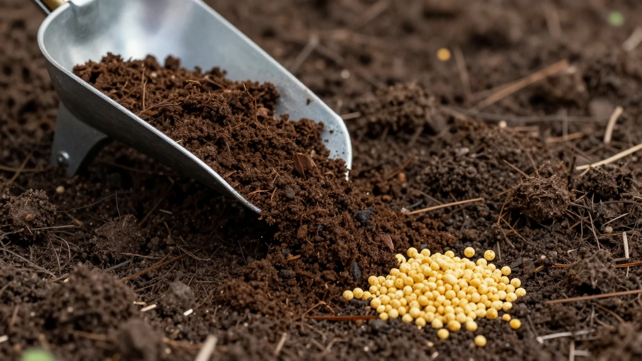 Organic compost and synthetic fertilizer granules on soil