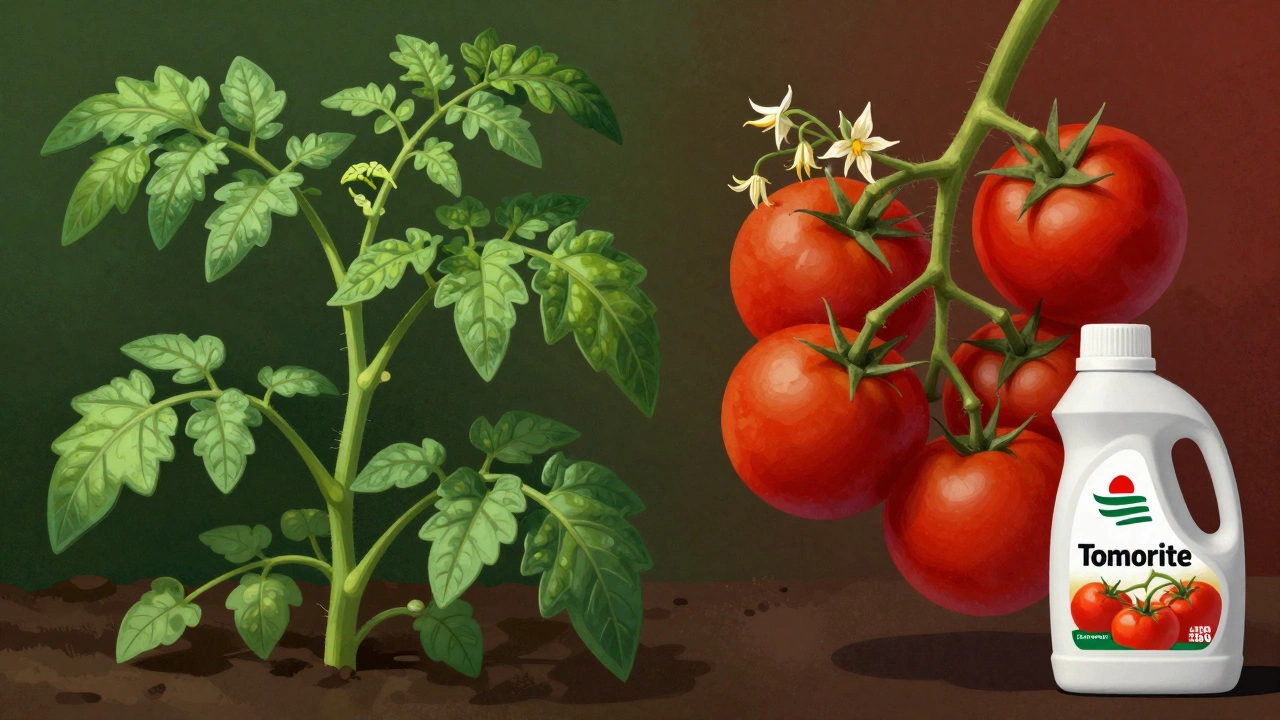 Split image of tomato plant: one side overgrown with leaves, other side thriving with ripe tomatoes.