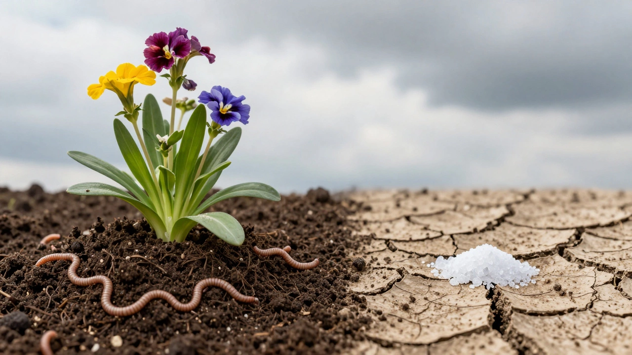 Split image: thriving flowers with compost vs. barren soil with unused Epsom salt crystal.
