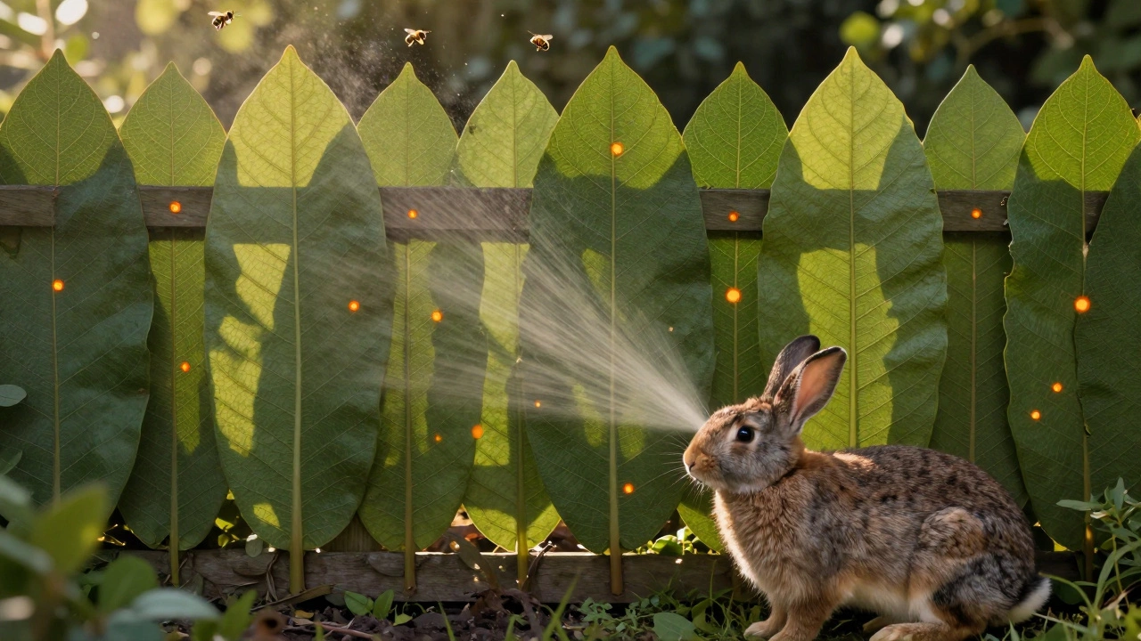 A protective barrier of capsaicin molecules deterring deer while bees fly safely above.