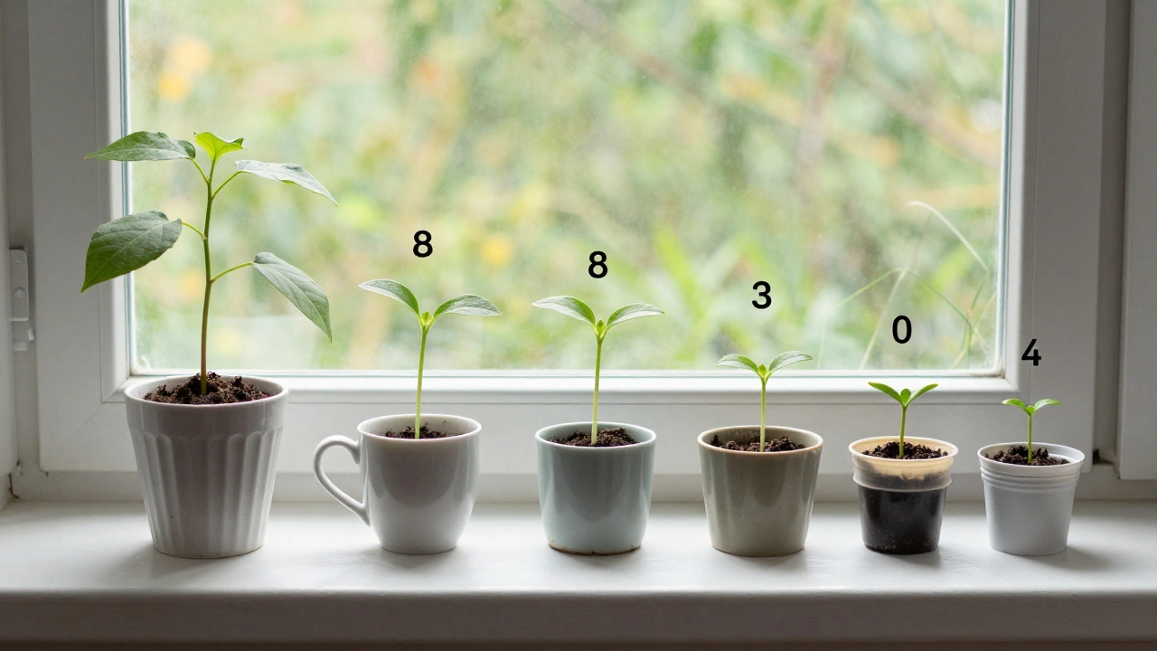 A series of cloned plants growing in recycled containers, showing generations of propagation from one parent.