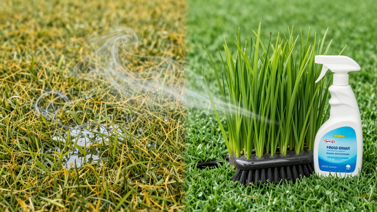 Contrasting view of neglected vs. well-maintained artificial grass with drainage details.