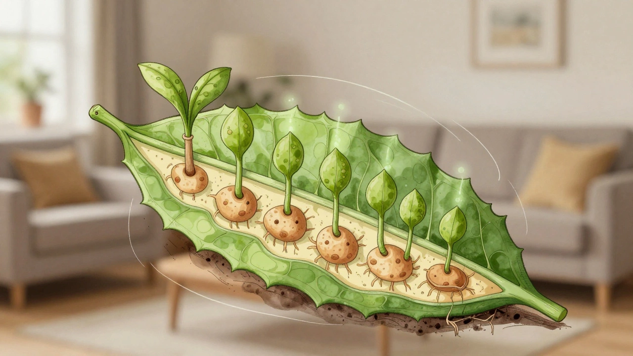 Cross-section of a leaf showing developing plantlets and roots, symbolizing natural cloning in a watercolor style.