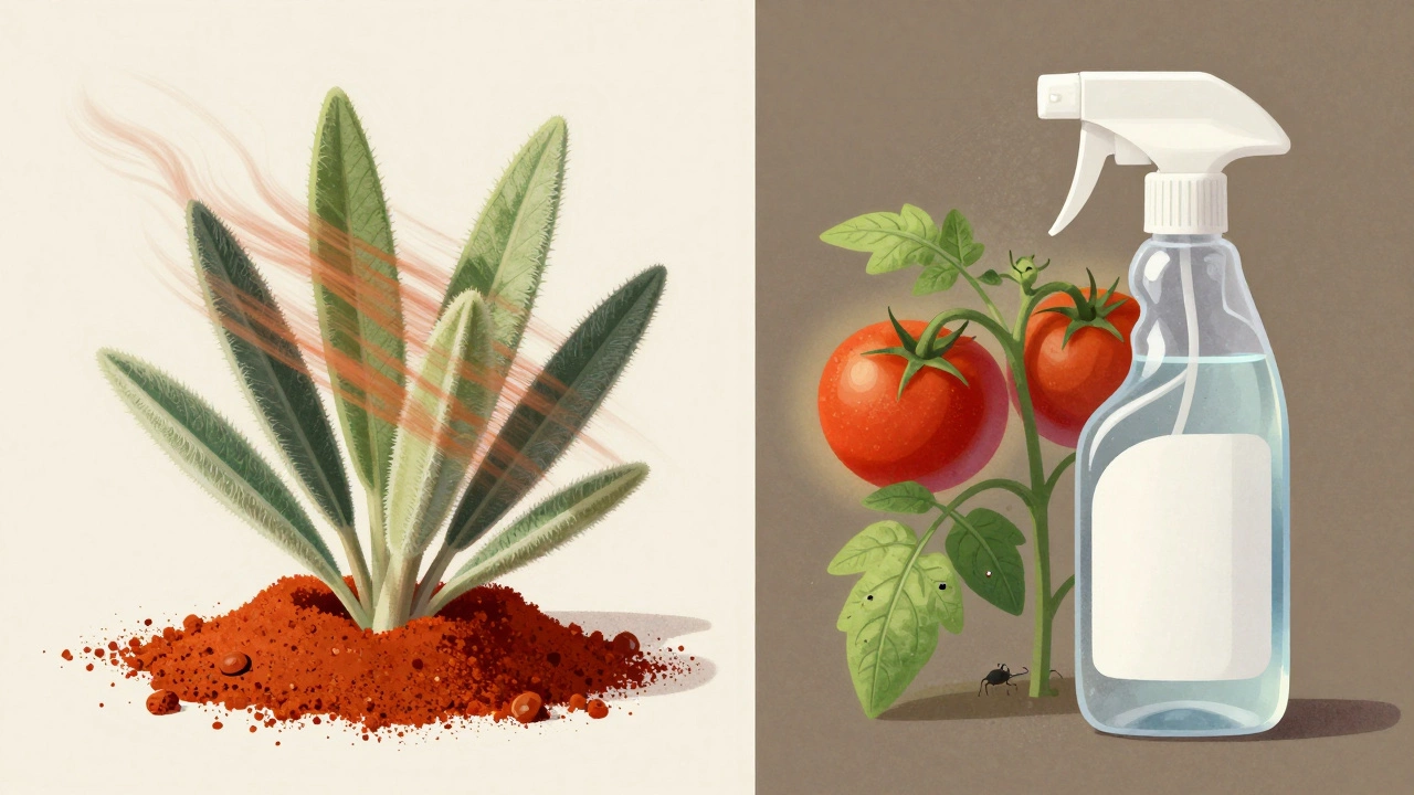 Dry cayenne powder blowing away vs. effective liquid spray on healthy leaves.