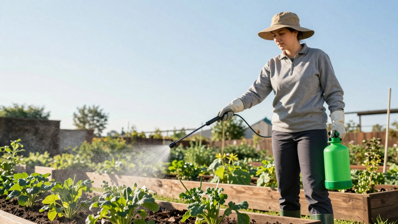 Gardener wearing protective gloves and long sleeves spraying a vegetable plant safely.