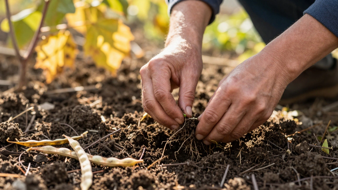 Hands leaving bean roots in soil after harvest, symbolizing natural soil enrichment.