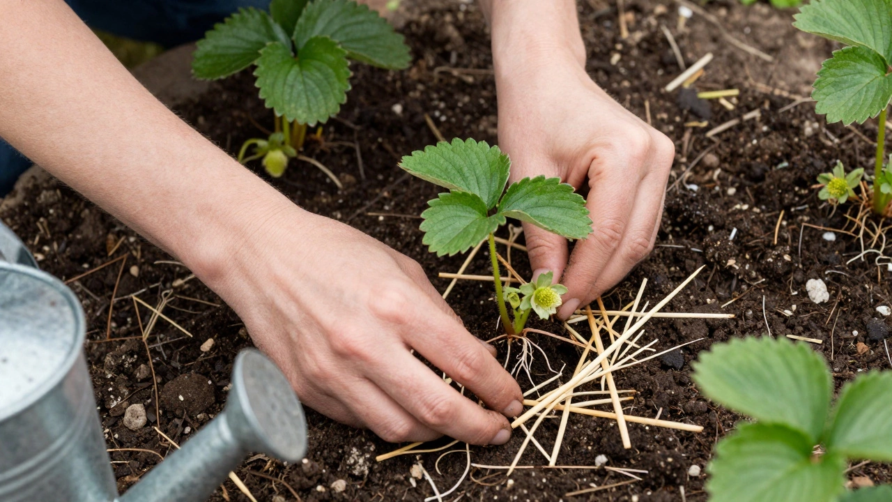 Hands planting young strawberry runners in soil with straw mulch.