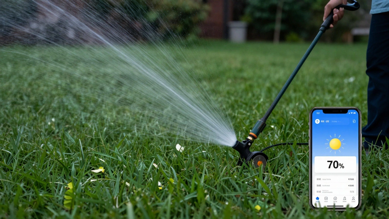 Homeowner watering lawn lightly after fertilizing, with soft evening light and faint rain clouds overhead.