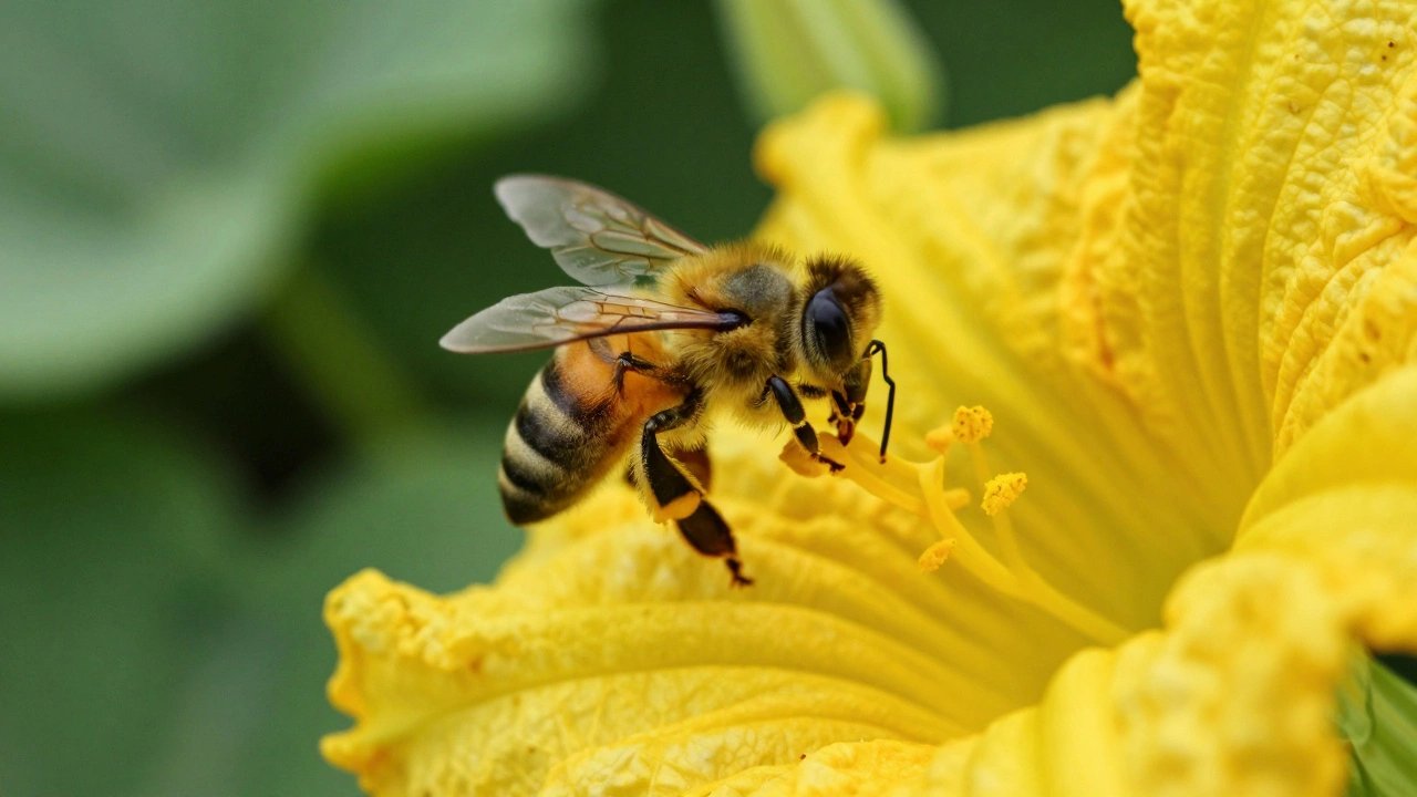 Macro view of a honey bee collecting pollen from a yellow squash flower in a garden.