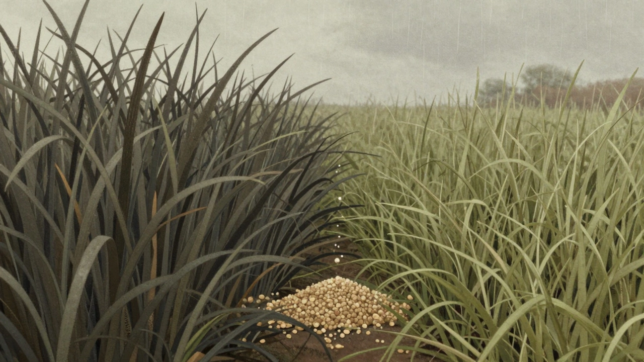 Side-by-side comparison of perennial ryegrass and fine fescue with fertilizer granules dissolving between them.