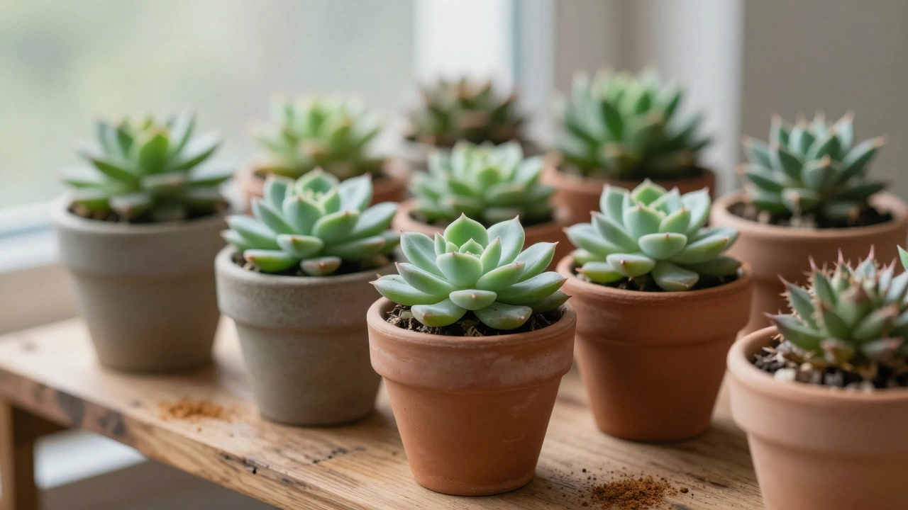 Small succulents in terracotta pots with dusting of spice on rims.
