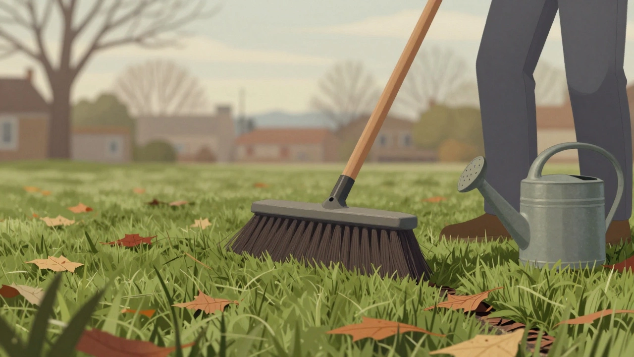 Someone brushing synthetic turf blades upright with a stiff broom, autumn leaves nearby.