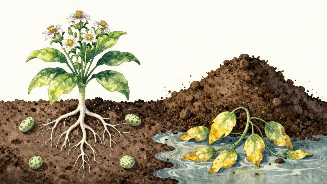 Split image showing healthy plants with balanced worm castings versus suffocated plants overwhelmed by too much castings.