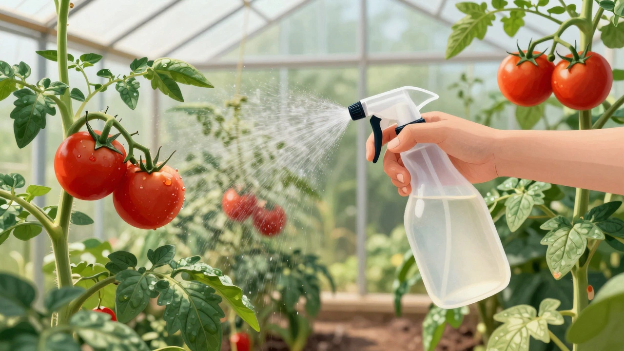 Spray bottle misting tomato plants in a bright greenhouse.