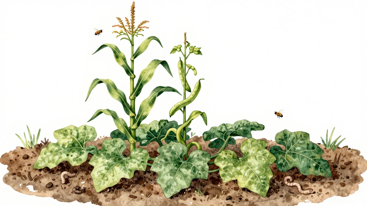 Three Sisters garden with corn, beans, and squash growing together in harmony.