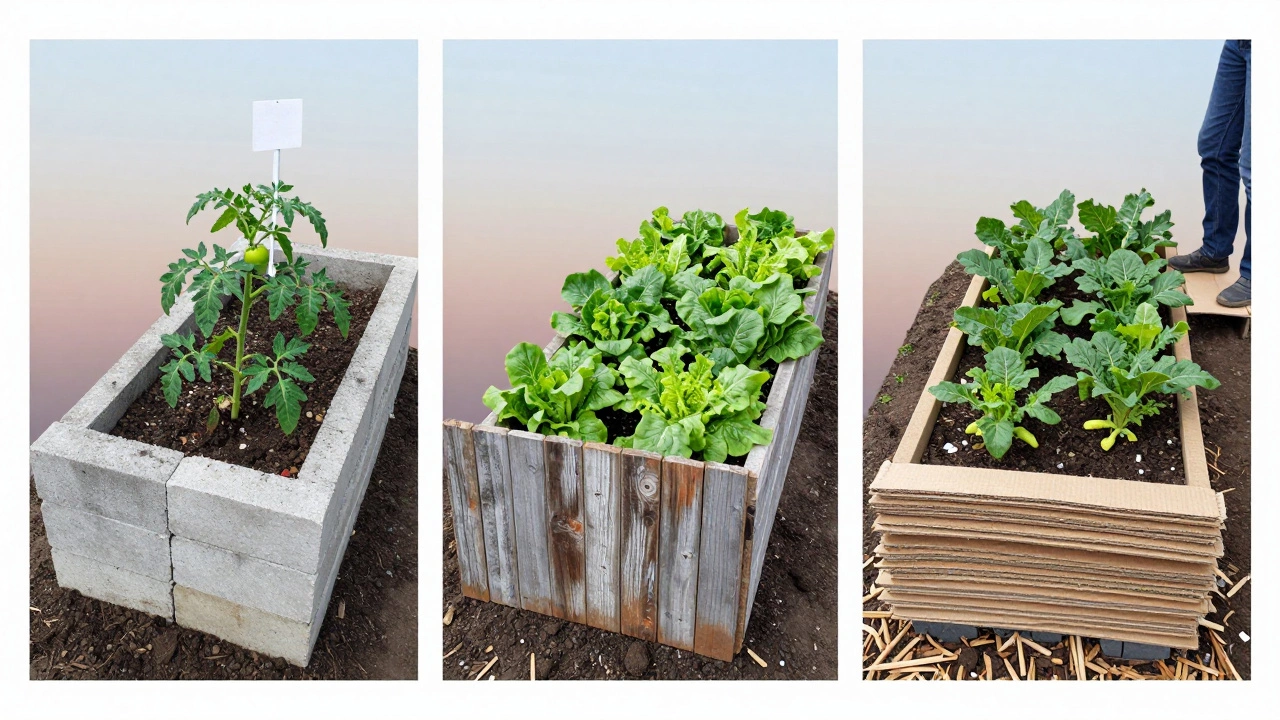 Three types of low-cost raised beds side by side: concrete blocks, reclaimed wood, and cardboard mulch, all thriving with vegetables.