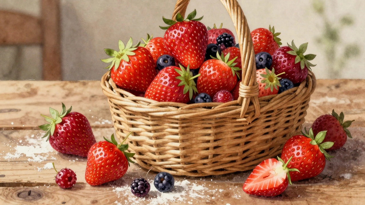 Wicker basket full of varied strawberries on a wooden table.