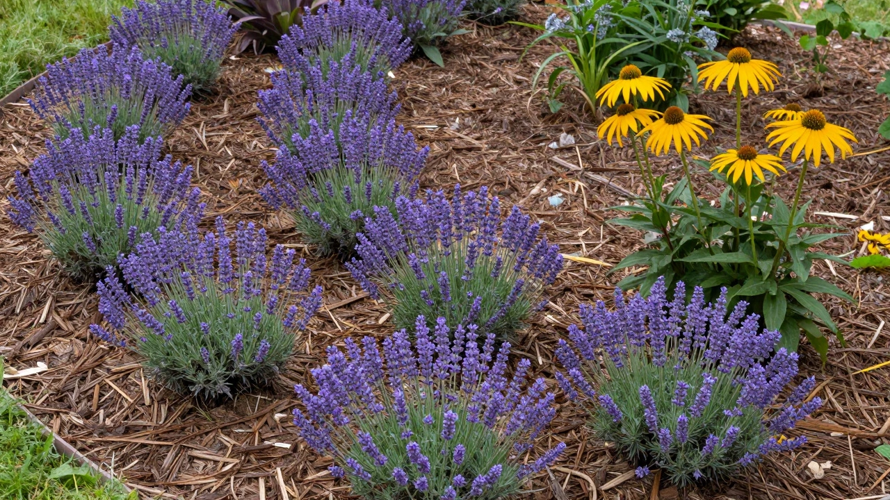 A flowing arrangement of five lavender plants and three coneflowers in a natural flower bed.