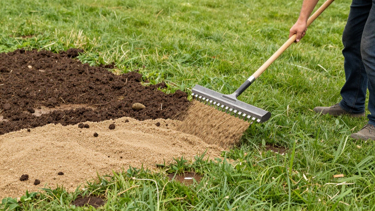 A gardener spreading a sand and compost mix over an aerated lawn to level the surface.