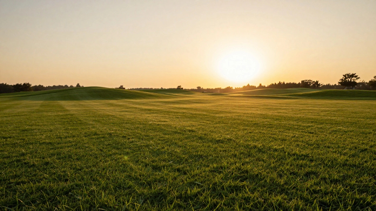 A lush green lawn illuminated by the warm golden light of late afternoon