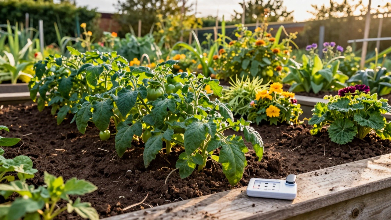 A lush, healthy vegetable garden with rich dark soil and vibrant green plants.