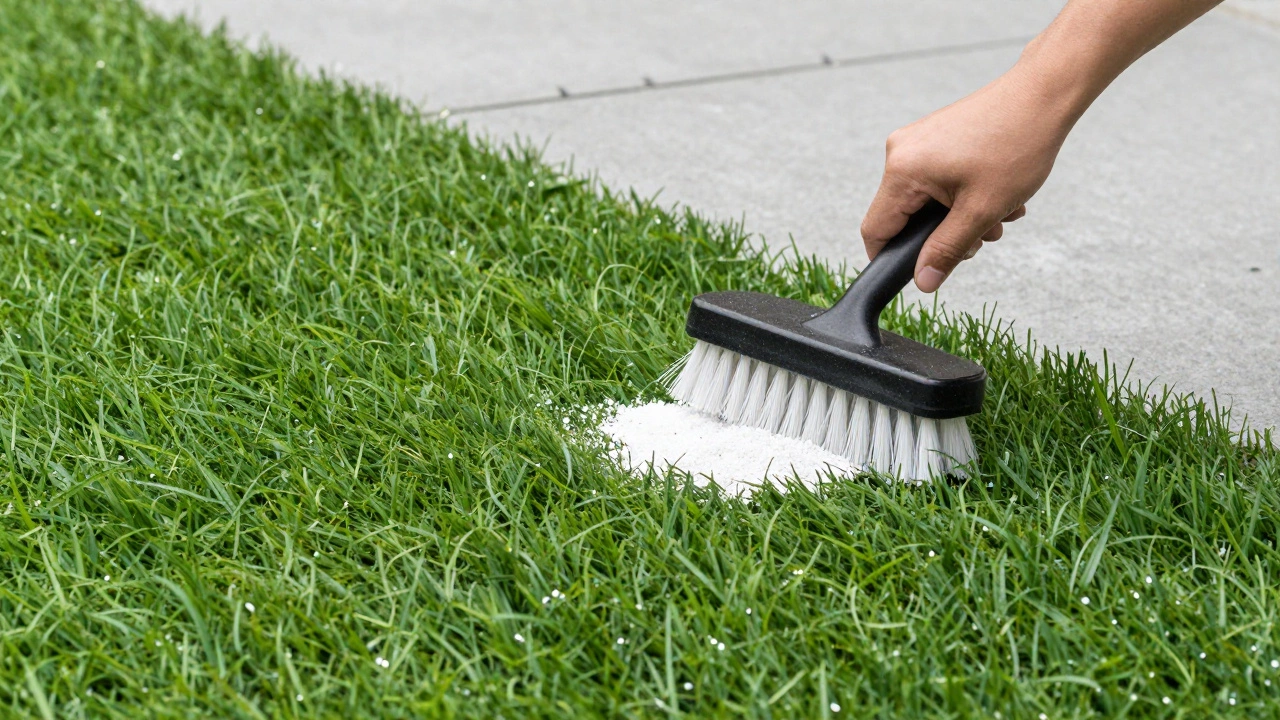 A power brush spreading silica sand infill into a lush green artificial lawn.