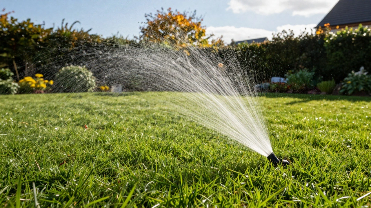 A sprinkler watering a lush, healthy green lawn after top dressing.
