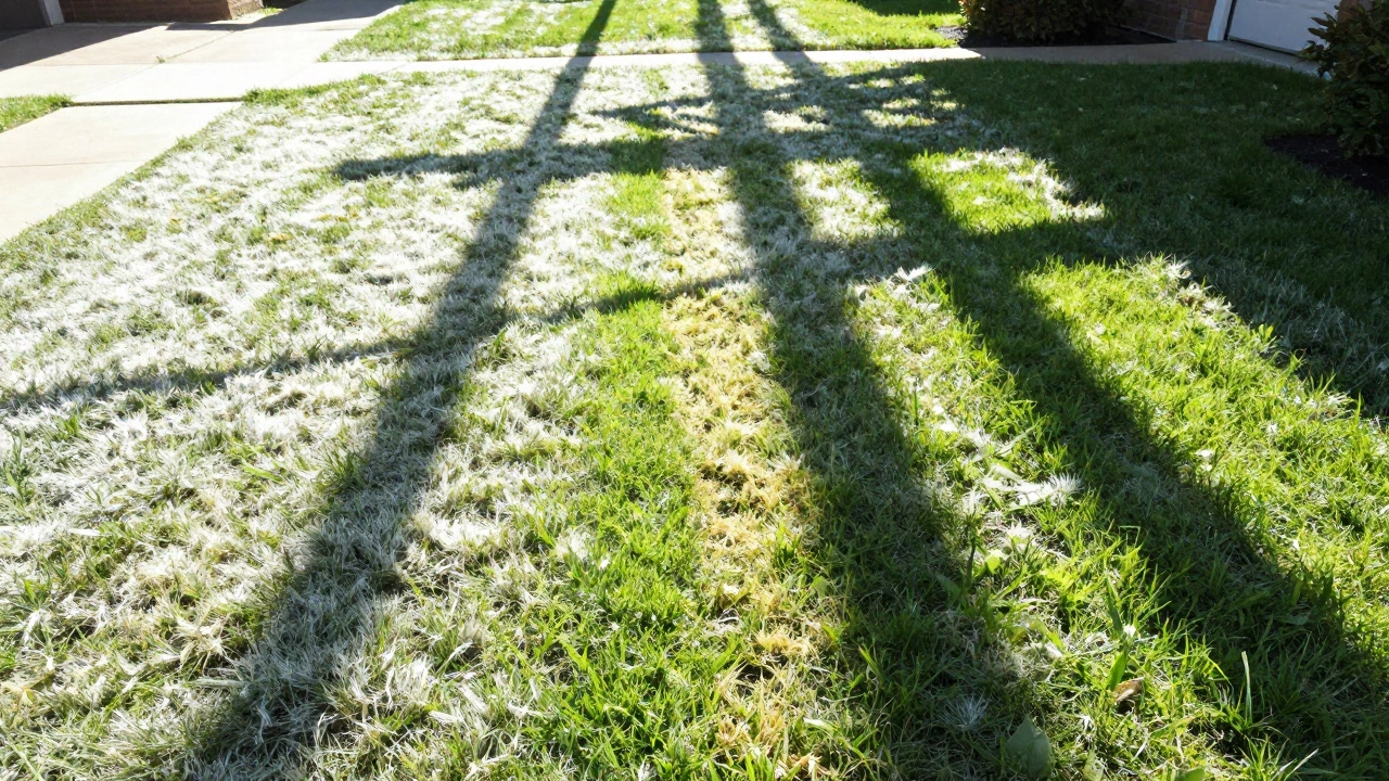 A sun-drenched lawn experiencing midday heat stress and scorching