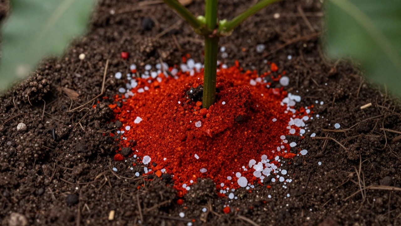 Cayenne pepper and salt sprinkled around the base of a plant in dark soil