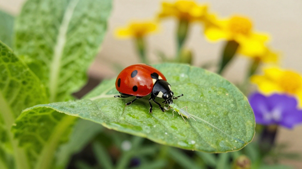Close-up of a red ladybug eating aphids on a green leaf with flowers in the background.
