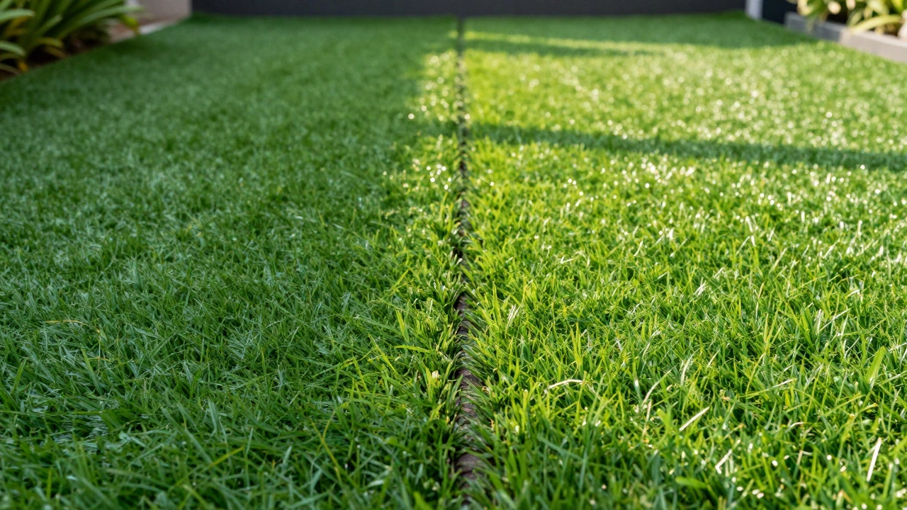 Close-up of two artificial grass sections with different pile directions creating a color contrast.
