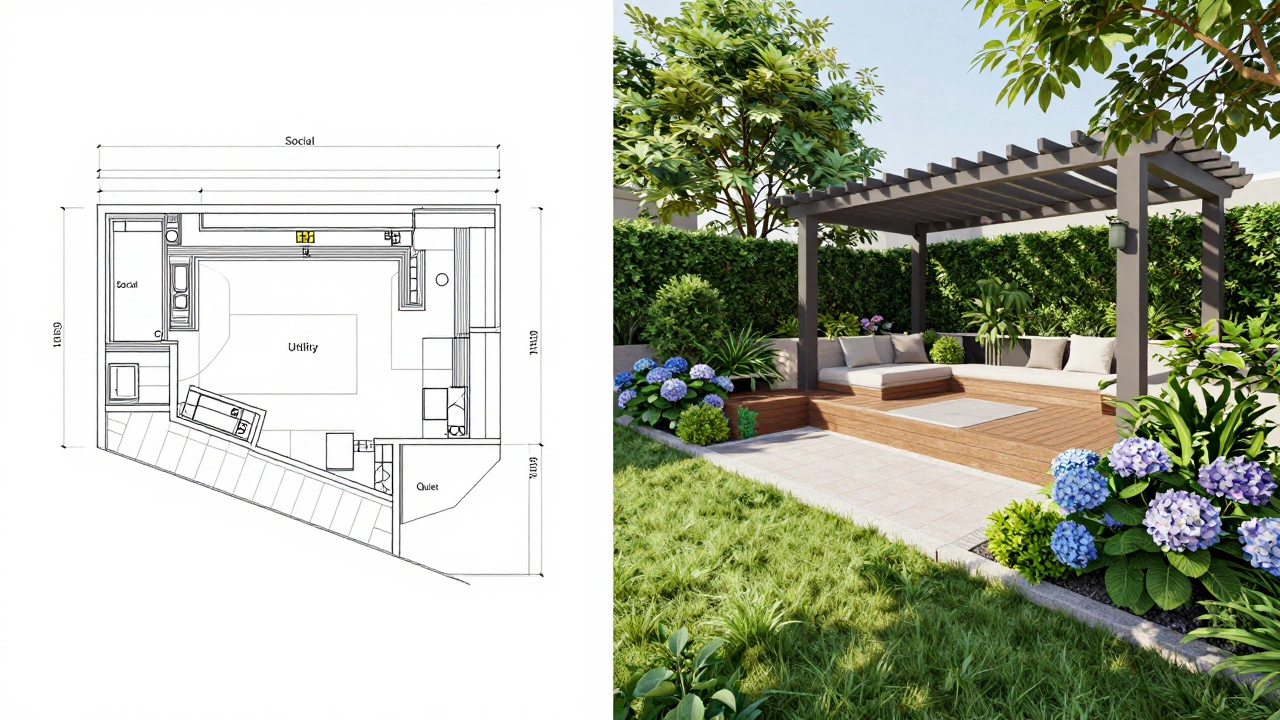 Comparison between a 2D garden zoning map and a lush 3D backyard visualization.